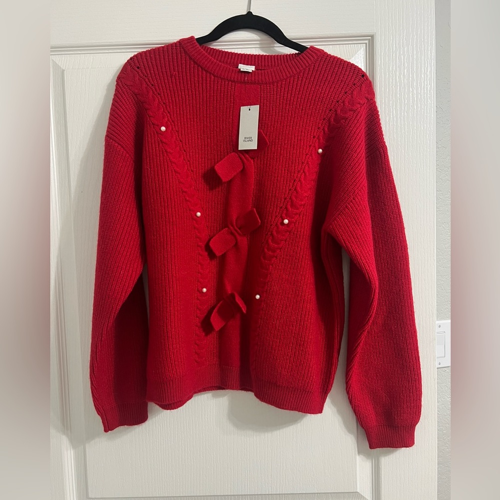 Girls Red Diamante Bow sweater